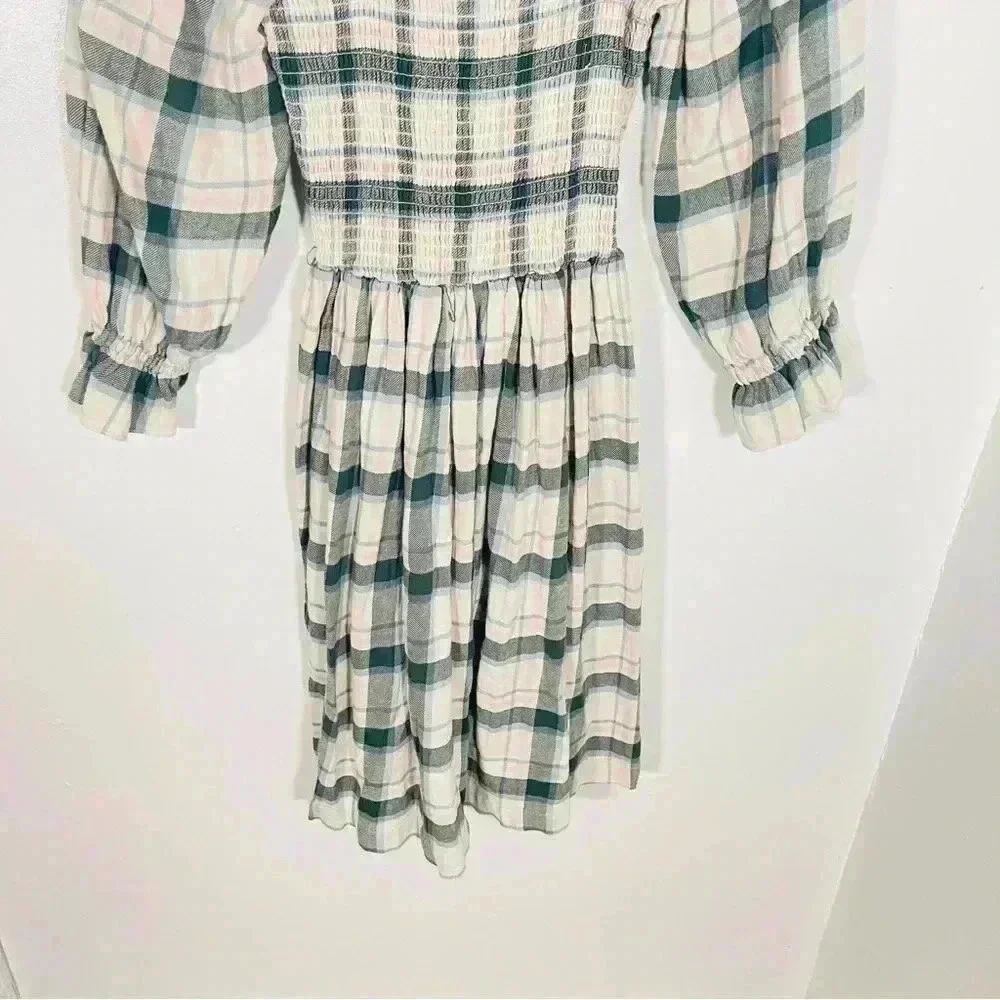 NWT Madewell Lucie Elbow-Sleeve Smocked Mini Dress Plaid